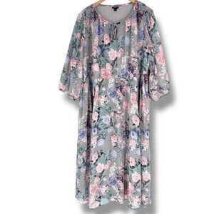 Torrid Dress Size 3X Blush Gray Pink Floral Spring Midi Dress Keyhole‎ Tie Neck